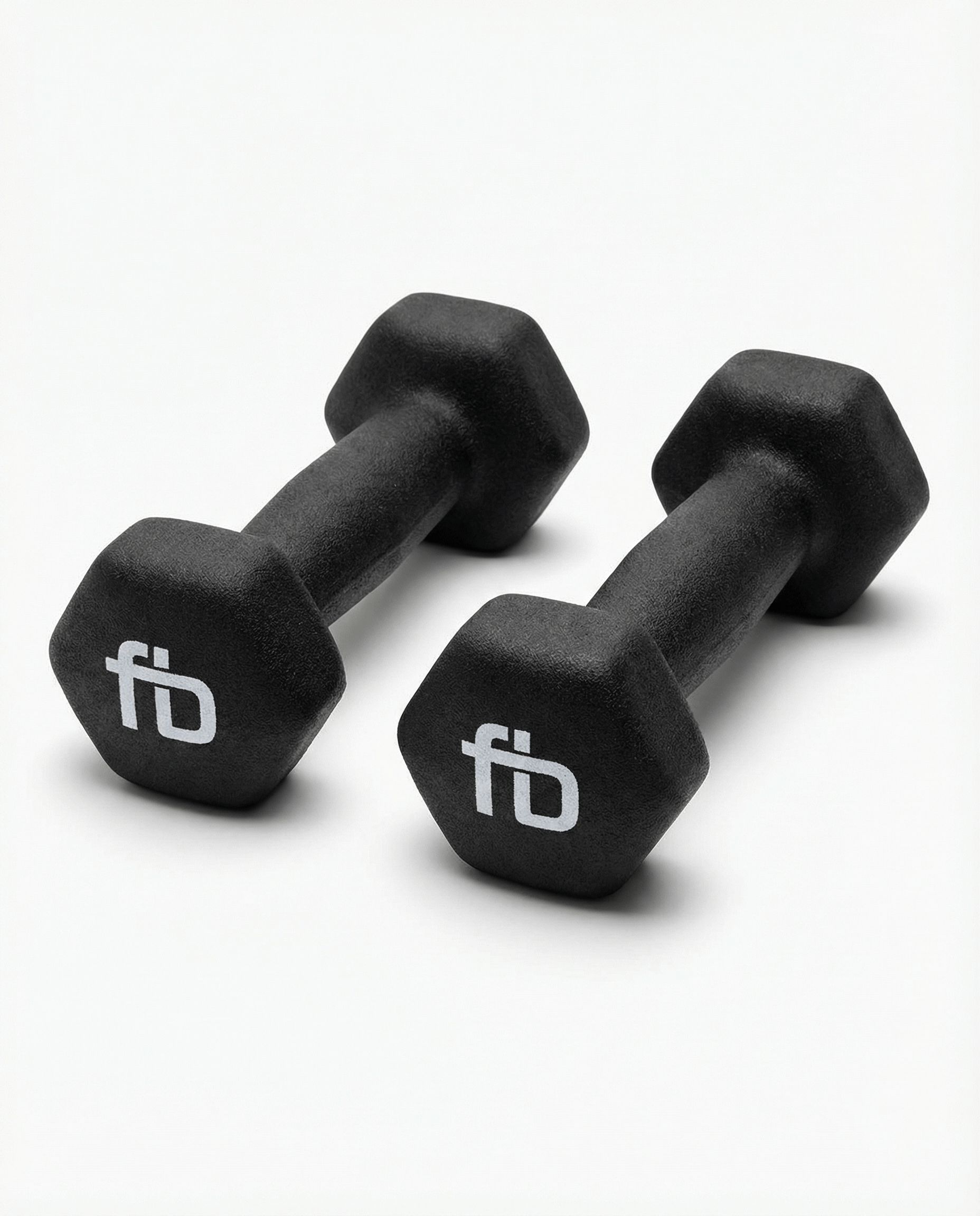 Pair of black dumbbells with FitBoutique logo on a white background